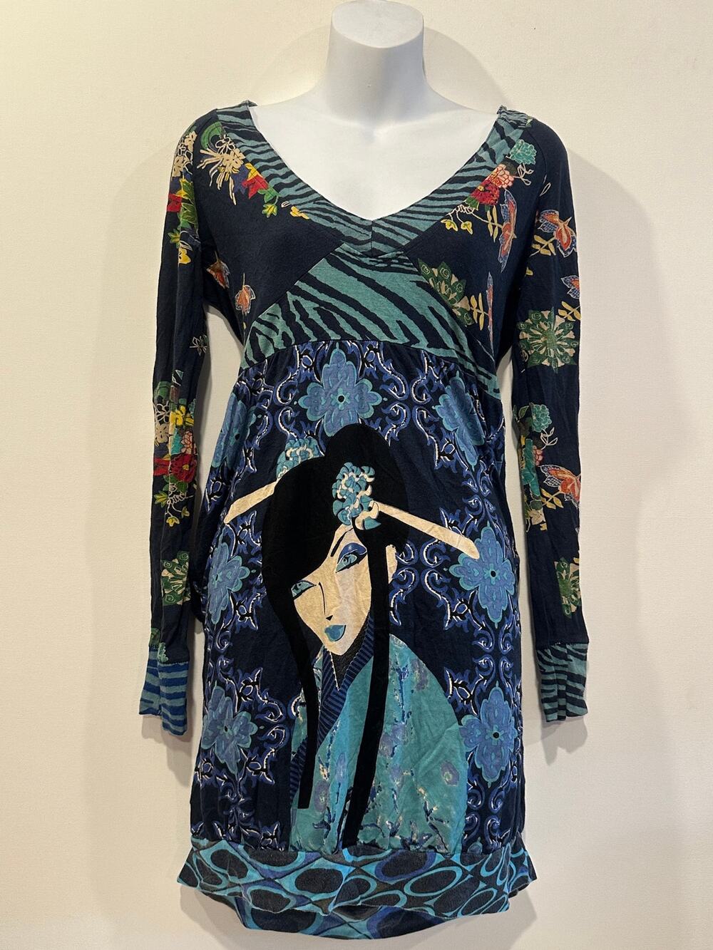 Desigual Vintage Y2K Blue Geisha Pop Art Graphic Bubble Hem Dress Medium